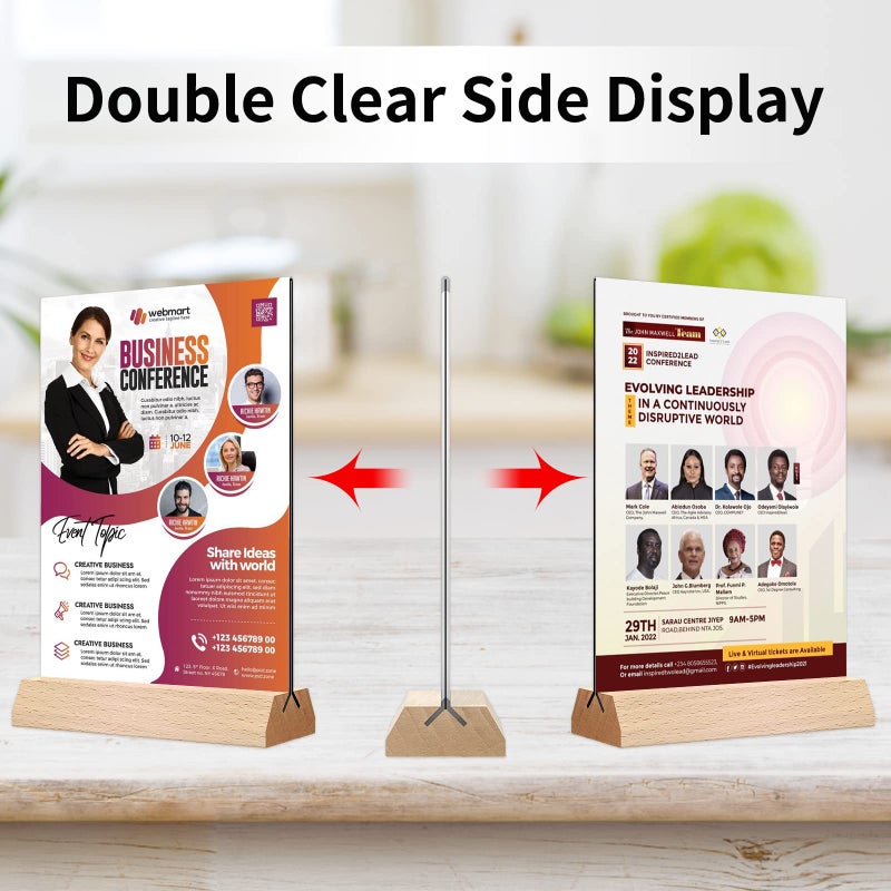 DunGu 5x7 Acrylic Sign Holder - T Shape Clear Flyer Holder with Wood Base, 6 Pack Double Sided Picture Frames, Plastic Table Menu Display Stand for Wedding, Office, School, Restaurant - Image 4